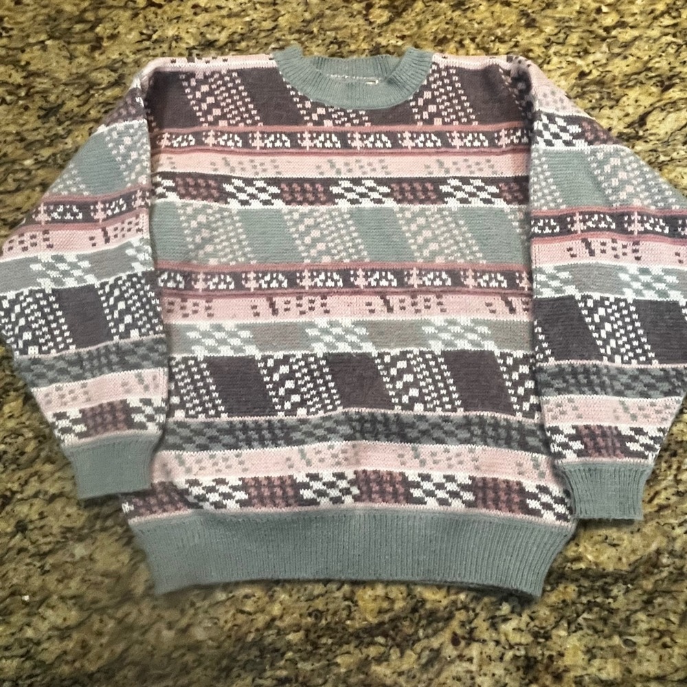 Vintage 62 East Women Geometric Fair Isle Knit Sweater Grey Pink Purple Medium